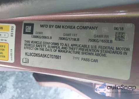 2019 Chevrolet Spark 1Lt Cvt from USA, damaged, VIN KL8CD6SA5KC707681